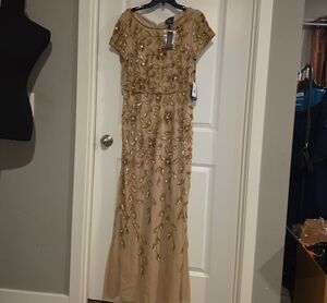 Adrianna Papell Nude and Gold Beaded Leaf Motif Maxi Dress